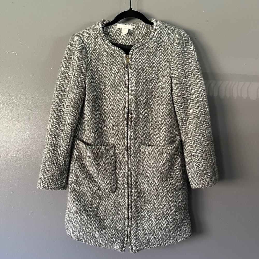 H&M Melange Wool‎ Blend Grey Tweed Zip Up Jacket SZ 8